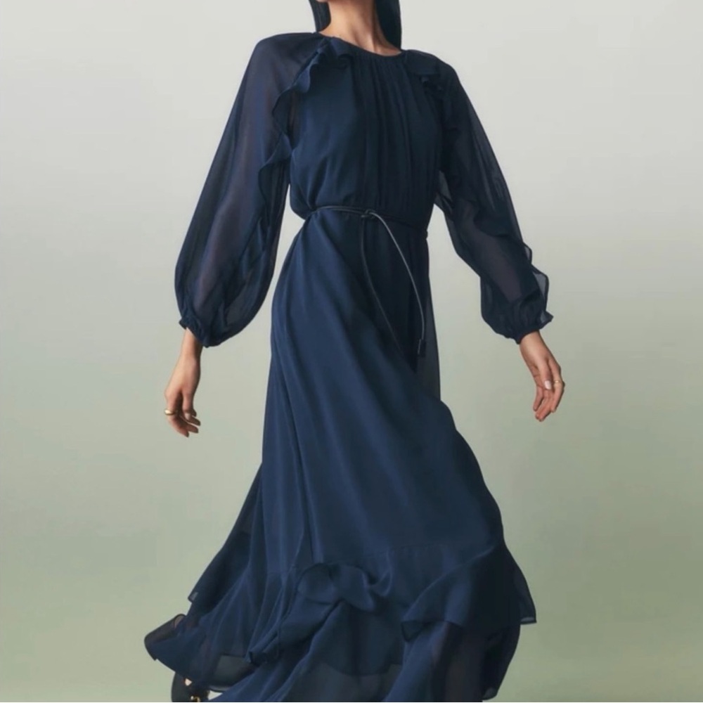 Ann Taylor Navy Long Sleeve Ruffled Maxi Dress